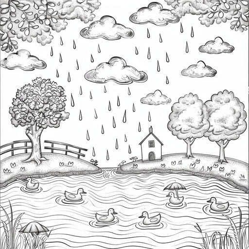 Whimsical scene of a cloud rain shower creating a puddle for ducks