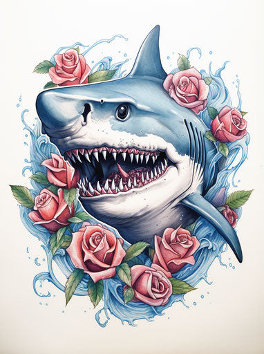 Shark art poster, humor meets heart style, light navy and dark aquamarine, tattoo, ashcan school, honeycore, ink and wash, environmental awareness 93:125