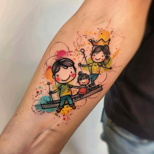 Playful flat tattoo sketch of children on a seesaw