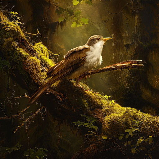A yellow billed cuckoo resting on a moss-covered log