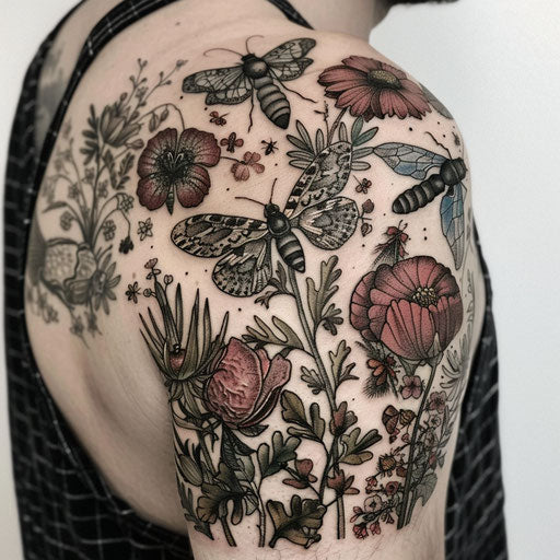 Shoulder tattoos for men with detailed insects and exotic plants