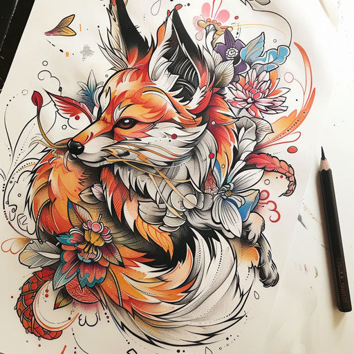 Festive flat tattoo sketch of a traditional Japanese kitsune