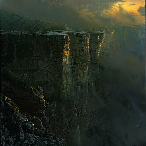 The rugged cliffs and deep valleys of the Ozark Mountains, illuminated by the soft light of the setting sun, in the style of Peter Holme III