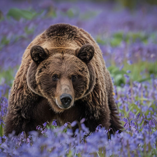 A bear in a field of bluebells, vibrant colors