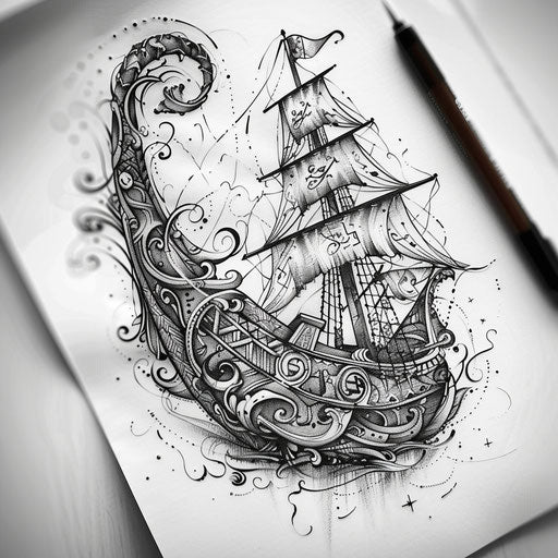 Sketch of a Viking ship tattoo with intricate carvings