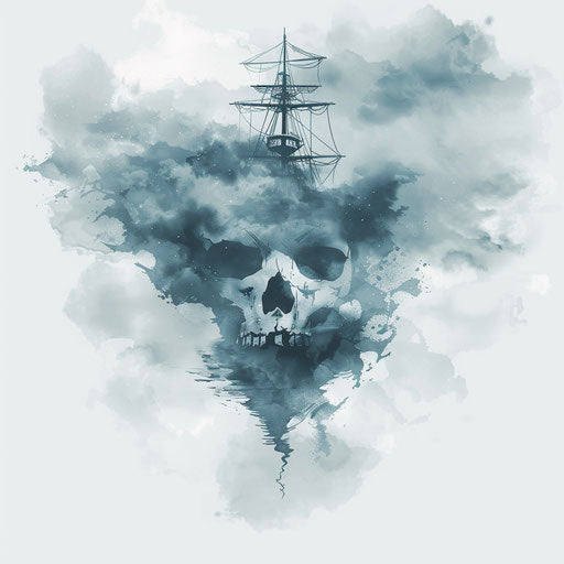 Reflective tattoo sketch of the Jolly Roger fading into fog