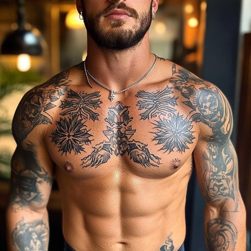 Small chest tattoos for men with traditional tribal symbols, in the style of Ami James