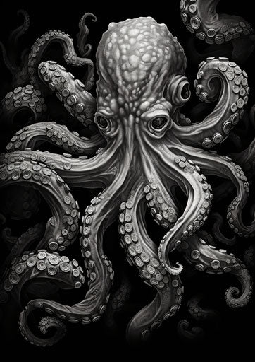 Engraving of an octopus with tentacles, black and white style, precise nautical detail
