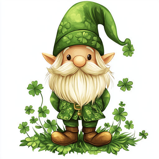 Cute gnome with big hat and clovers, cartoon style