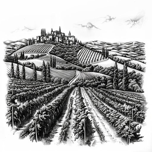 Black and white ink tattoo design of an Italian vineyard landscape, detailed and realistic, on a white background.