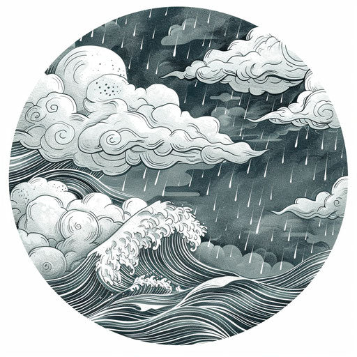 Flat tattoo sketch of storm with soft gray clouds and gentle rain