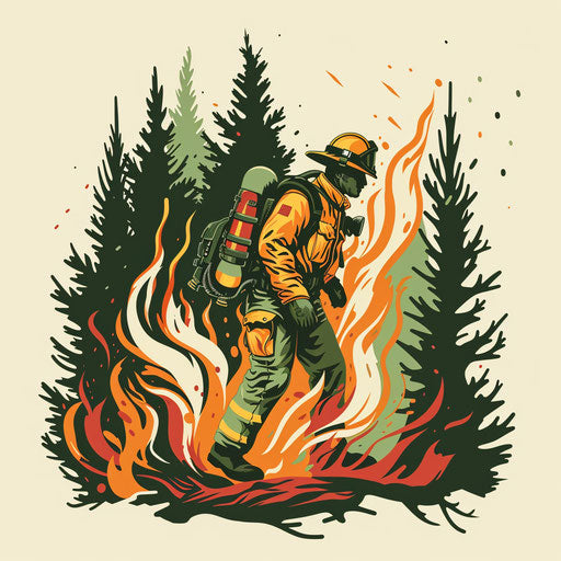Firefighter battling forest fire in nature theme