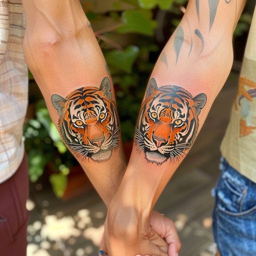 Brother and sister tiger tattoos, Ed Hardy style
