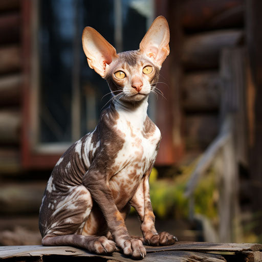 Cornish rex cat sitting in front of a log cabin