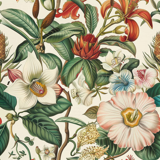 Botanical illustration of exotic flowers and plants