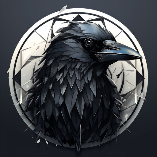 Geometric black and white raven badge, surrealism style