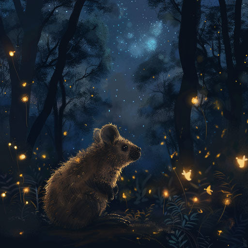 Quokka gazing at night sky with fireflies in enchanted forest