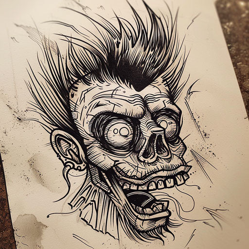 Stylized sketch of a shrunken head with bold, exaggerated facial features