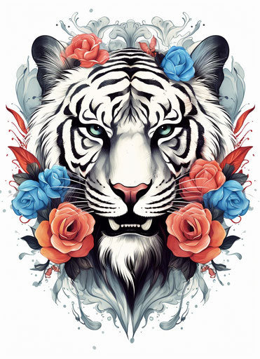 Tiger head with colorful flowers, gothic tribal style