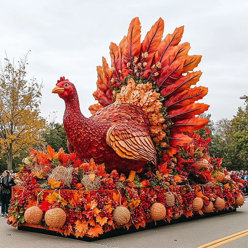 Thanksgiving parade float with giant turkey surrounded by vibrant autumn leaves and cornucopias, bright orange and red hues, family-friendly, clear skies