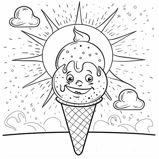 A smiling ice cream cone under a bright sun