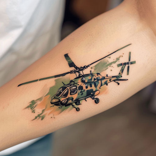 Colorful military helicopter tattoo on white canvas