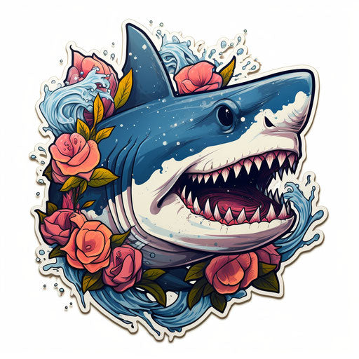 Shark tattoo with skull and flower in colorful graffiti style