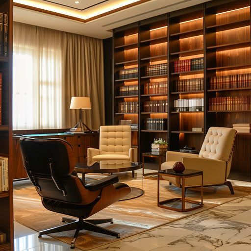 Modern law firm office with elegant library and decor
