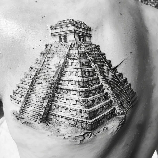 Historical Mayan architecture tattoo in monochrome