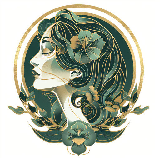 Stylized flat tattoo sketch of Venus with Art Nouveau elements, emerald green and gold