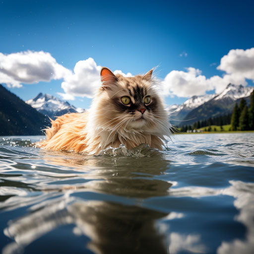 Himalayan cat swimming in a lake by the shore