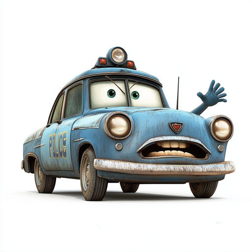 Humorous caricature of a police car with human characteristics