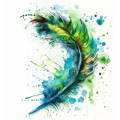 Vibrant watercolor feather, blue and green on white