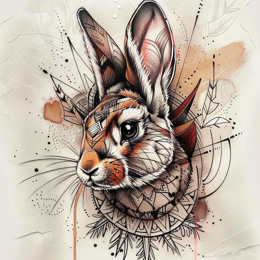 Bohemian flat tattoo sketch of a bunny with tribal patterns and earthy natural colors