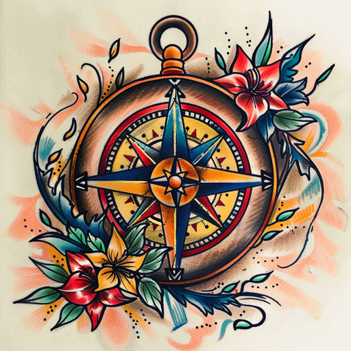 Nautical tattoo sketch of a compass rose with classic elements and primary colors
