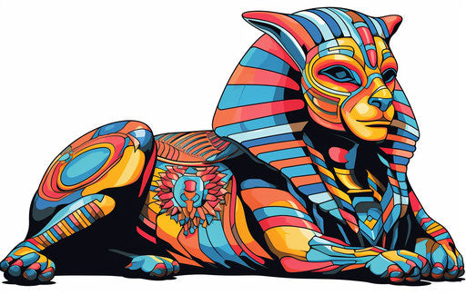 sphinx lying on the ground, black and white style, traditional poses