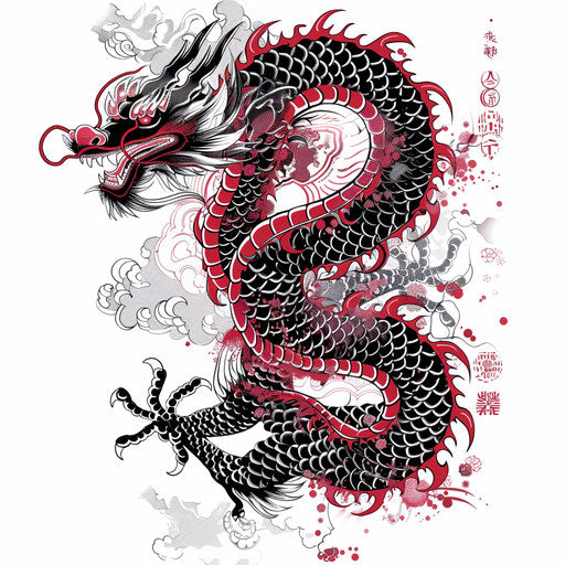 Intricate Chinese dragon tattoo with red and black ink on white