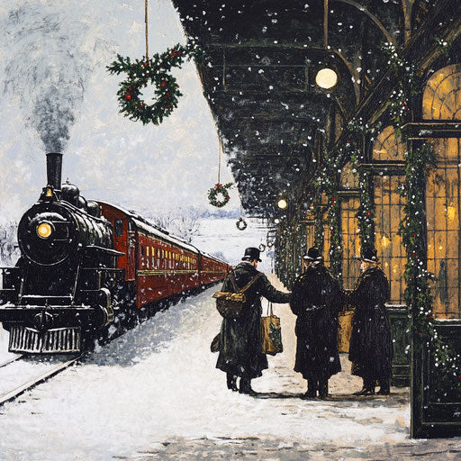 Vintage train station with mistletoe at entrances, travelers greeting each other