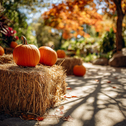 Orange pumpkins in a cheerful autumn landscape