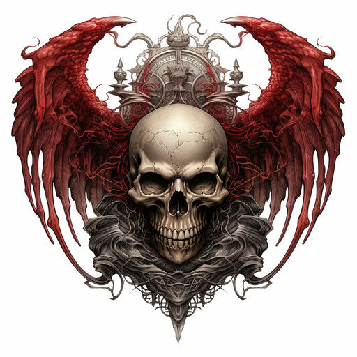 Winged skull with devil's horns symbol, edgy caricature style