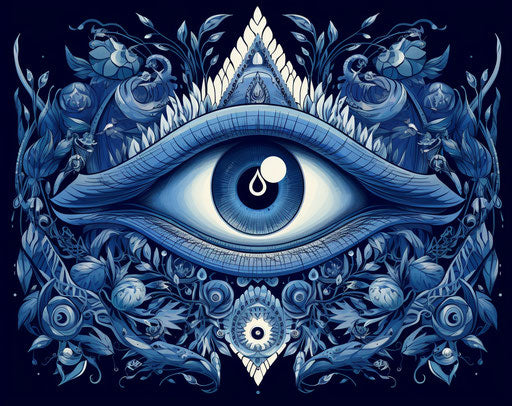 All-seeing eye in blue floralpunk style, playfully ornate design, light pink and dark blue, colorful drawings, eye-catching tags