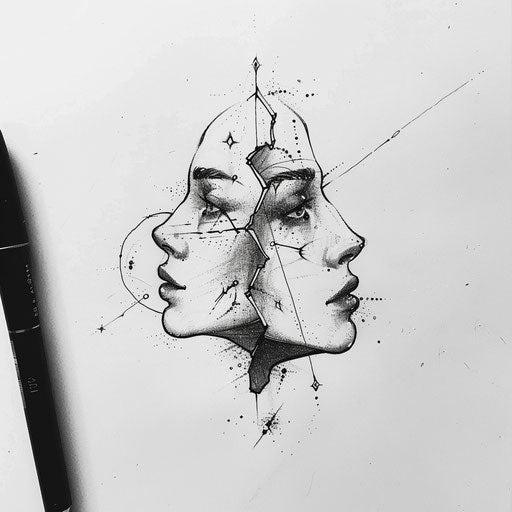 Abstract and surreal tattoo sketch of the Gemini constellation