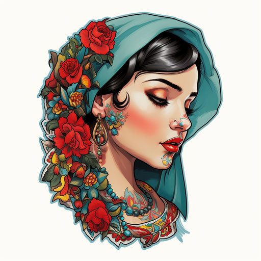 Woman with earrings and veil sticker, tattoo inspired