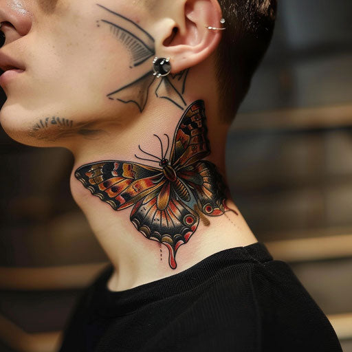 Butterfly neck tattoo with heroic elements, inspired by Glenn Fabry