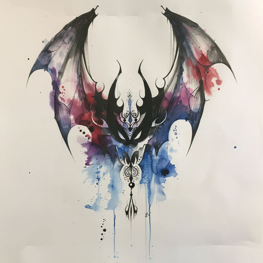 Watercolor tattoo sketch of a Batok motif with blending colors and a translucent effect