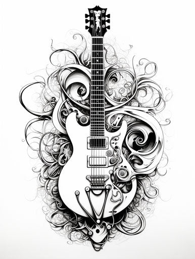 Electric guitar with heart shaped design, intricate dotwork