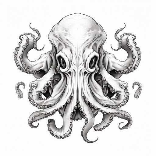 Occult-style octopus in hand-colored monochromatic art
