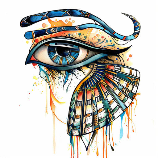Illustrative Eye of Horus tattoo design with Egyptian mythology elements