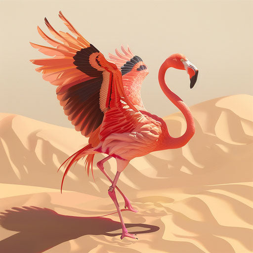 Flamingo on sandy beach with wide spread wings