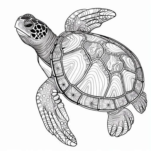 A turtle with a patterned shell. Coloring book page
